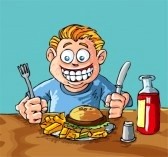 9100622 cartone animato di ragazzo sta per mangiare un hamburger e patatine fritte