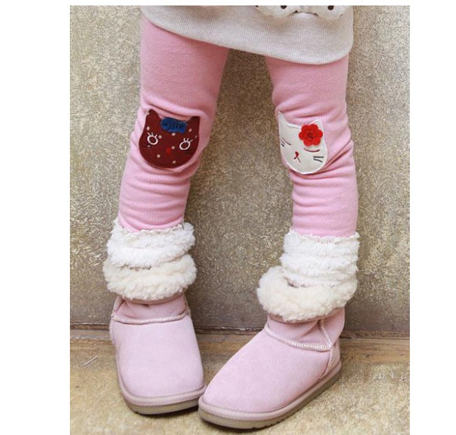 Kids Girls Cute Cat Pink Knee Patch Leggings Warm Lined Pants Trousers