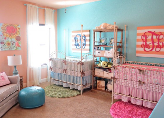 Coral Teal Twins Room e1368973134875